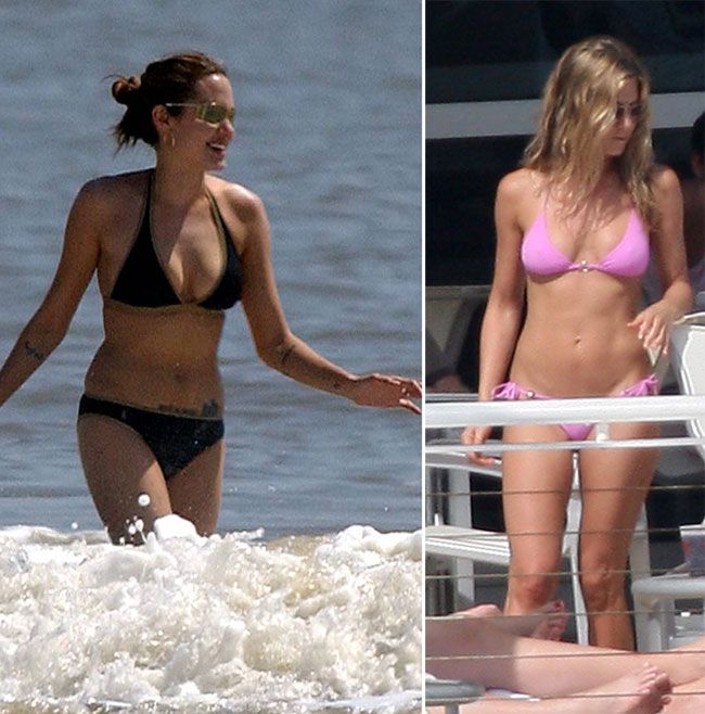 Jennifer Aniston si Angelina Jolie surprinse in costum de baie. Imaginile pe care sigur orice barbat vrea sa le vada :)